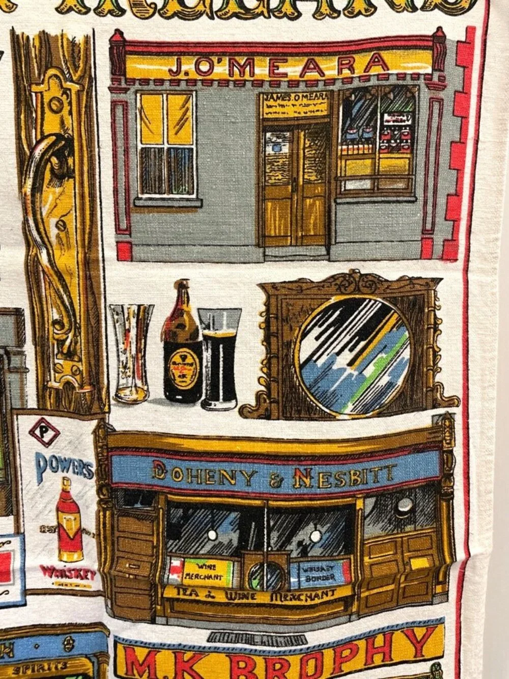 Vintage 100% Irish Linen Pubs Of Ireland Tea Towel Wall Hanging Made in Ireland